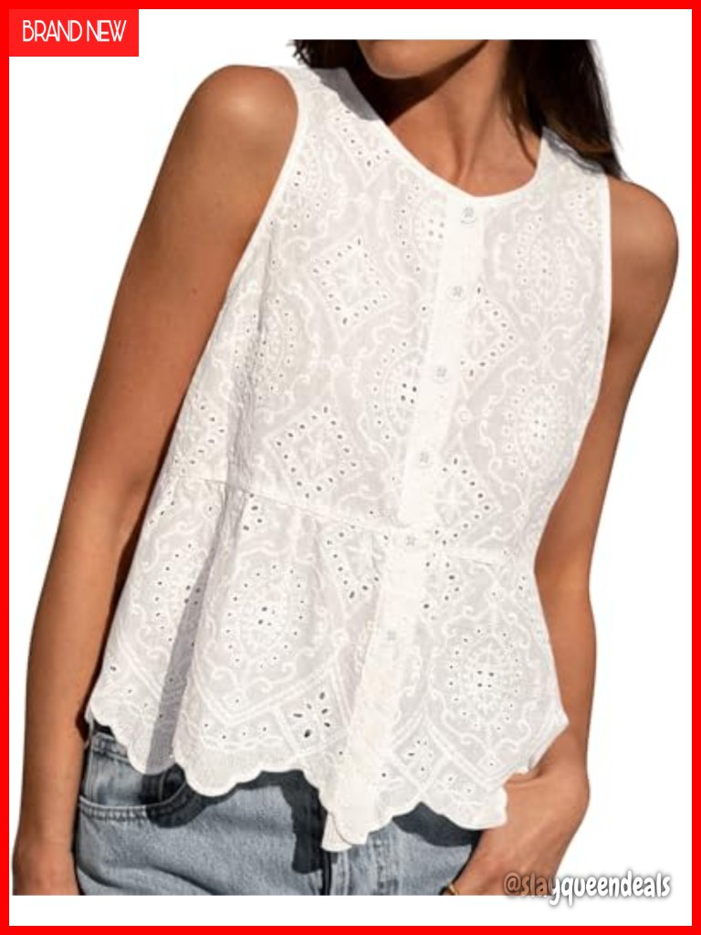 Embroidery Eyelet Tank Top Sleeveless Button Down Peplum Summer Tops